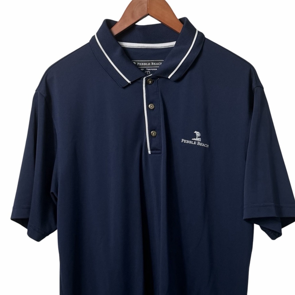 Pebble Beach Performance Polo Shirt Mens L Blue Golf SS Poly Athletic Casual